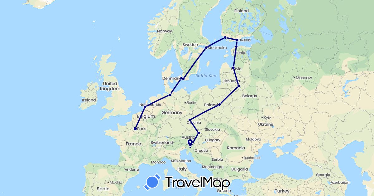 TravelMap itinerary: driving in Austria, Czech Republic, Germany, Denmark, Estonia, Finland, France, Lithuania, Latvia, Netherlands, Poland, Sweden, Slovenia (Europe)